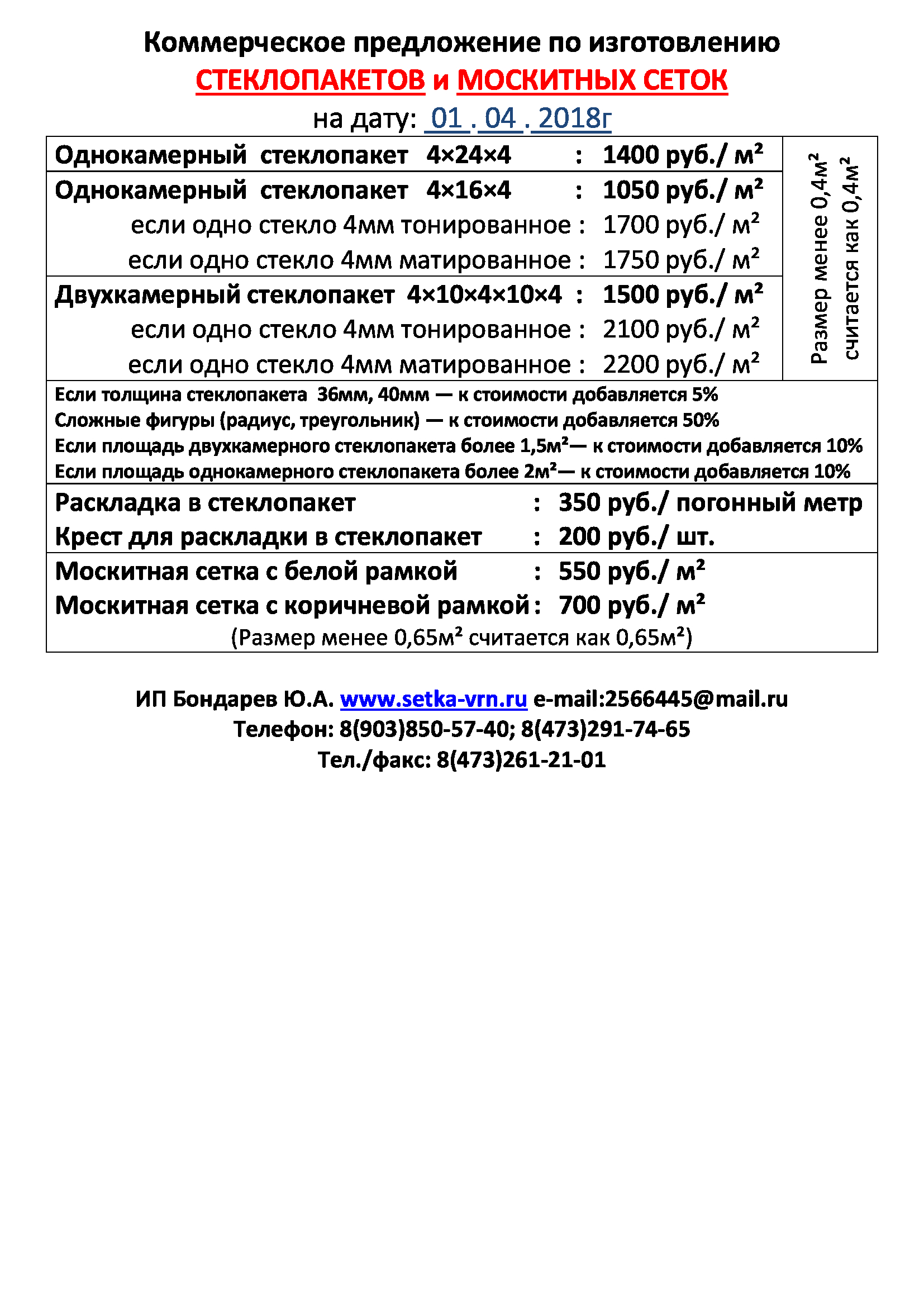 Цены на стеклопакеты в Воронеже
